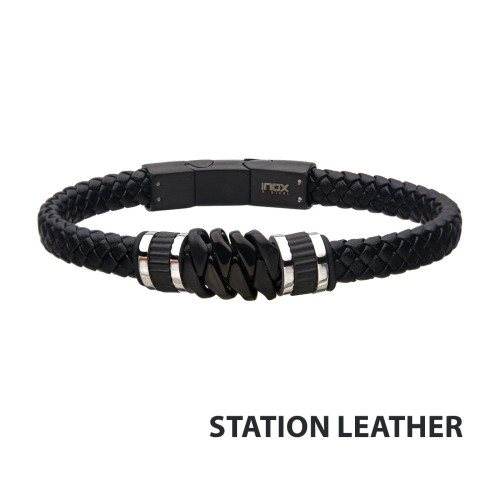 Men's Black Braided Leather Bracelet with Black IP Serrated Stations