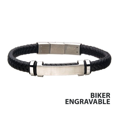 Black Leather Bracelet with Stainless Steel Beads and Engravable ID Plate