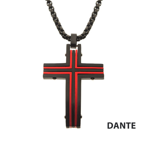 Black and Red IP Dante Cross Pendant with Chain
