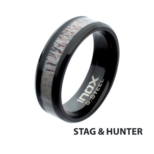 Men's 8mm Black IP Deer Antler Inlay Comfort Ring