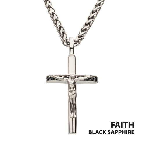 Stainless Steel Crucifix Necklace with Black Sapphire