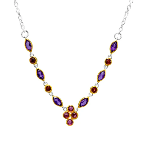 Sterling Silver and 22K Gold Vermeil Necklace with African Amethyst, Garnet and Rhodolite Garnet