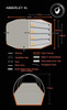 An info graphic of the Abberley XL 4 Berth Tent by OLPRO depicting the dimensions of the tent.