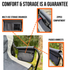 An infographic of the OLPRO Directors Camping Chair in grey explaining that the chair has some storage and comfort features.