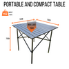 An infographic depicting the product dimensions, weight and maximum capacity of the Folding Camp Table from OLPRO.