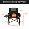 An infographic of the OLPRO Directors Camping Chair in green with the dimensions and weight capacity