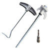 An image of the Screw in Hard Ground Peg, accompanied by the included peg puller and the drill adaptor, which is used with a drill to insert the pegs into hard ground, all set against a white background.
