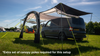 Visualize the Pershore Breeze® Campervan Canopy from OLPRO, affixed to a grey Volkswagen T5, prominently displaying the right-hand side canopy opened out using the canopy poles included.
