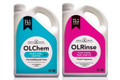 The front of the bottles of OLChem and OLRinse Twin Pack by OLPRO Showing the front labels.