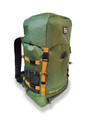 Image of the 40L Rucksack Green - left hand side showing the mesh pocket and  orange compression straps, on a white background.