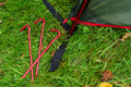 The Beckford Lightweight 2 Person Tent 's red anodised pegs on grass, next to a ring and pin system.