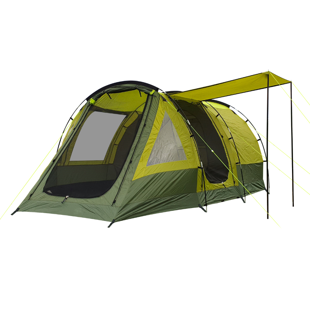 The Abberley XL 4 Berth Tent by OLPRO on a white background with its doors open and the door canopy open.