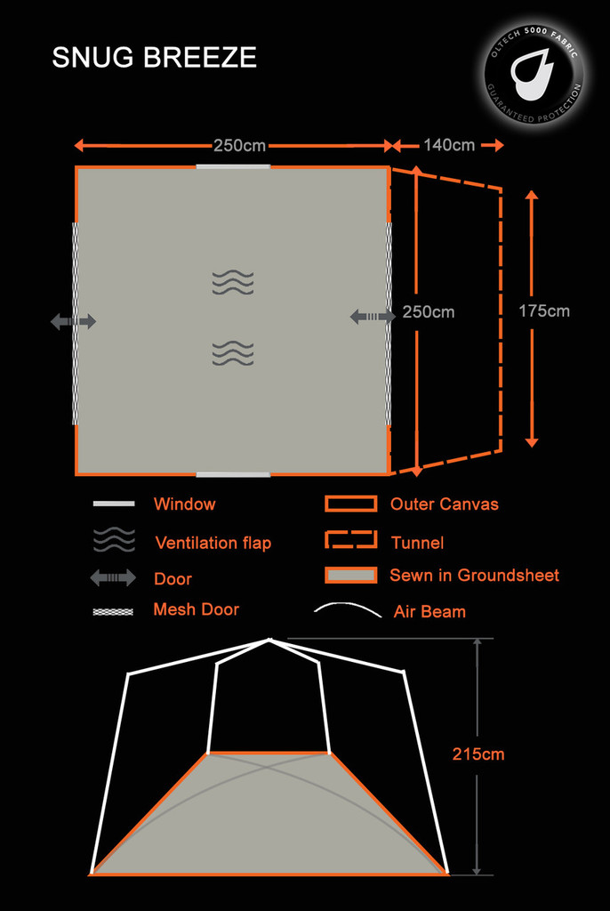 The Snug Inflatable campervan Tailgate Awning by OLPRO footprint and specification graphic