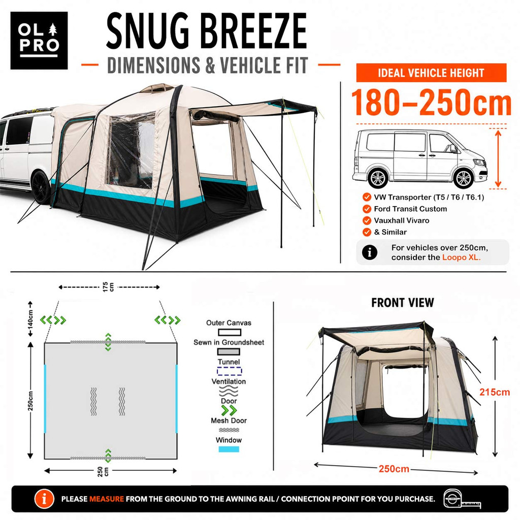 The OLPRO Snug Inflatable campervan Awning Infographics