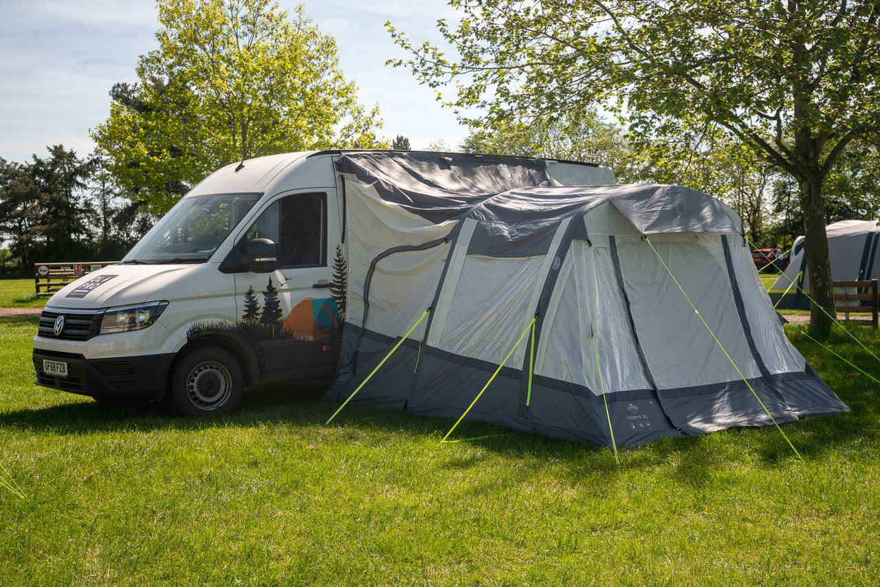 The Loopo Breeze® XL v2 Motorhome Awning on a Volkswagen Crafter Campervan with, the awnings doors are shut