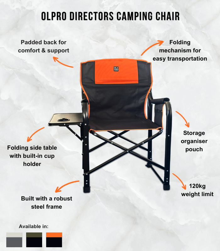 An infographic of the OLPRO Directors Camping Chair in orange depicting the key features of the chair.