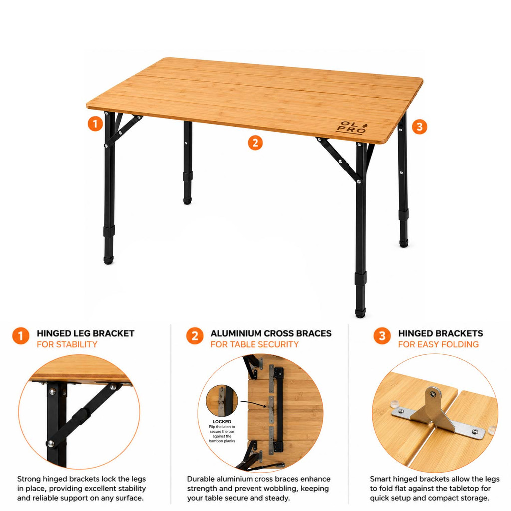 Image of OLPRO Bamboo Folding Camping Table on a white background, fully unfolded.