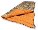 The OLPRO Dark Moon Pattern Single Sleeping Bag on a white back ground slightly zipped open.