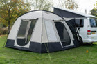 OLPRO Cubo Poled Campervan Awning on a VolksWagen T5, the awning doors are all open. It is being shot from the rear of the van