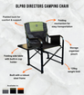 An infographic of the OLPRO Directors Camping Chair in green depicting the key features of the chair.