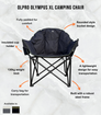 An infographic depicting the features of the Olympus XL Camping Chair Black & Green from OLPRO.