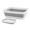 Large Collapsible Washing up Bowl from OLPRO, on a white background, Image shows the Washing up Bowl at full size and smaller image of the washing up bowl collapsed.