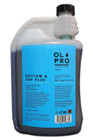 The rear of the Bottom and Top Plus - Toilet Fluid and Rinse by OLPRO bottle showing the rear label with the instructions and hazardous information.