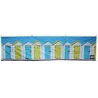 Beach Huts Design 4 Pole Compact Windbreak Steel Poles by OLPRO pictured on a white background. I's Blue sky with White Beach huts with alternate blue and yellow doors.