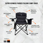 An infographic depicting the product features of the Henwick Padded Folding Camp Chair - Black & Green from OLPRO.