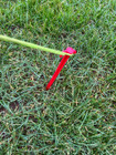 The Extra Long Plastic Tent Peg pictured with a guy rope attached to it and pitched into grass.