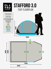 The Stafford 3.0, a three-berth tent by OLPRO in collaboration with Ed Stafford, specification sheet. Showing the floorplan, dimensions and silhouette figure to show height comparison.