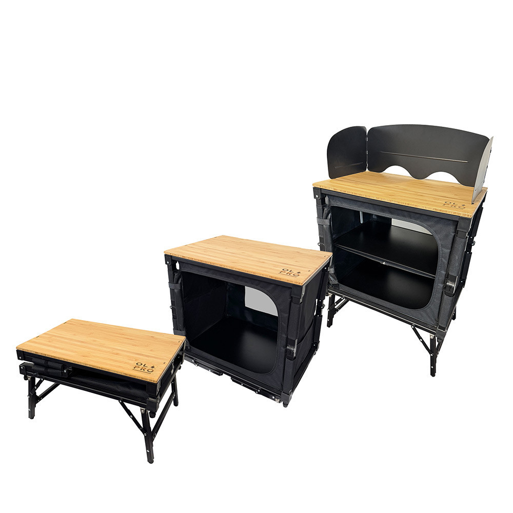 3-in-1 Bambus-Camping-Klapptisch mit Stauraum