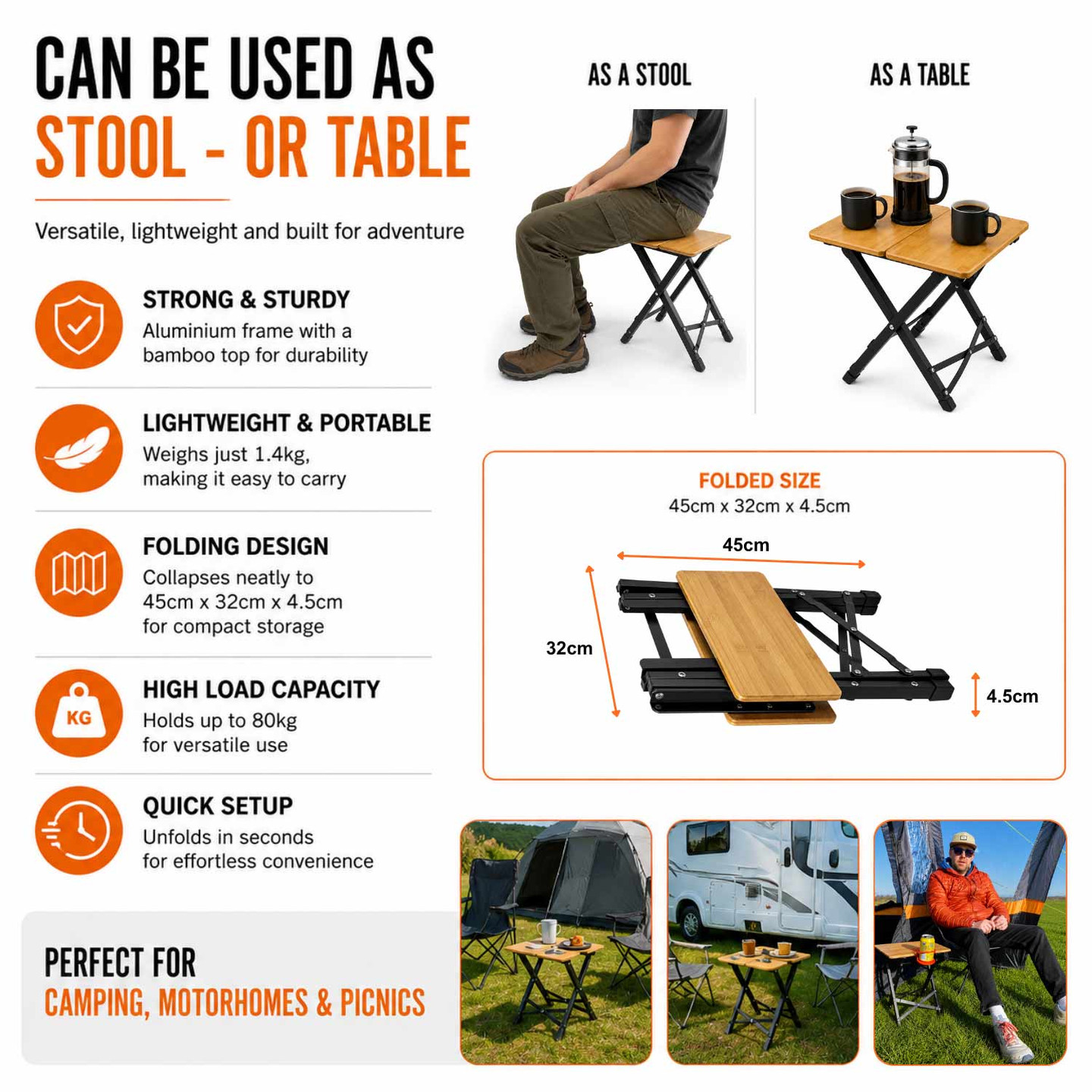 Bamboo Camping Stool 2 Fold