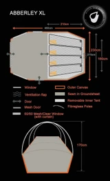 An info graphic of the Abberley XL 4 Berth Tent by OLPRO depicting the dimensions of the tent.