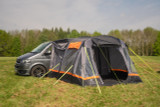 The open front door & fly mesh of a Loopo Breeze® v2 Inflatable Campervan Awning by OLPRO, it is attached to a volkswagen t5 imageset:Charcoal