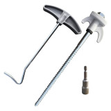 An image of the Screw in Hard Ground Peg, accompanied by the included peg puller and the drill adaptor, which is used with a drill to insert the pegs into hard ground, all set against a white background.