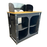 Image of The OLPRO Deluxe Camp Kitchen With Double Cupboard pictured on a white background, showing shelves and rolled back doors.