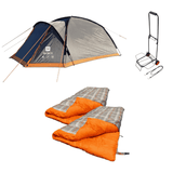 OLPRO's Festival Bundle consisting of the OLPRO Hallow 2 Dome Tent, Festival Trolley, 2x Hush Pattern Single Sleeping Bags
