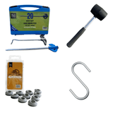 The OLPRO Camping Essentials Bundle that includes a rubber camping mallet, a case of 20 hard ground pegs and peg puller, a pack of 8 S-Hooks and a pack of ten eyelets