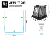View Lite Breeze® 200 Caravan Awning OLPRO on a white background footprint dimensions
