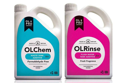 The front of the bottles of OLChem and OLRinse Twin Pack by OLPRO Showing the front labels.