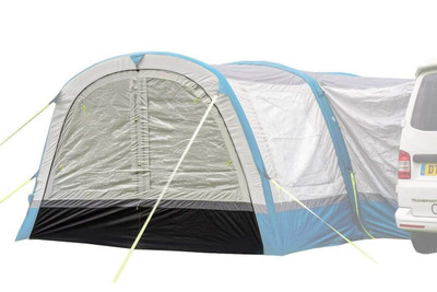 The OLPRO Cocoon Breeze Universal Door Front Panel on a cocoon breeze attached to a camper van on a white background.