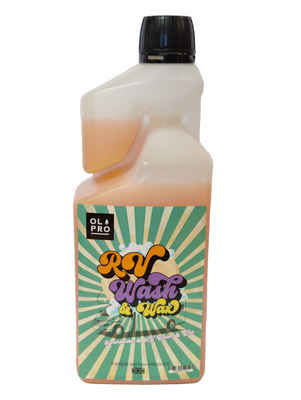 RV Wash & Wax - 1 Litre The front label and full bottle of the OLPRO RV Wash & Wax - 1 Litre on a white photo.