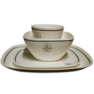 Image of Large plate, small plate, Bowl and Mug from the Signature Melamine Set by OLPRO. Classic looking camping set in white with an elegant logo and line around the edge.