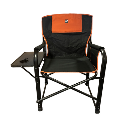 The OLPRO Directors Camping Chair in orange and black with the side table up pictured with a white background.