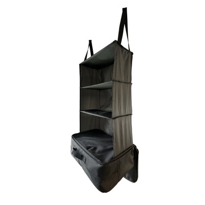 The Camping Organiser with Shelves and Storage Bag by OLPRO on a white background empty.