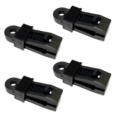 Image of 4 Tent Groundsheet  Pegging Clamps Pack from OLPRO, out of packaging on a white background.