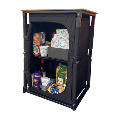 The OLPRO Bamboo Cooking Table, complete with plates, cutlery, and food, set against a white background.