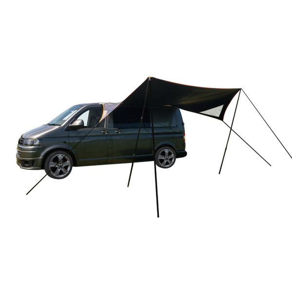 The OLPRO Modern Shade Canopy attached to a VW T5 with a white background.