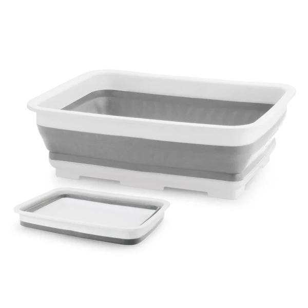 Large Collapsible Washing up Bowl from OLPRO, on a white background, Image shows the Washing up Bowl at full size and smaller image of the washing up bowl collapsed.